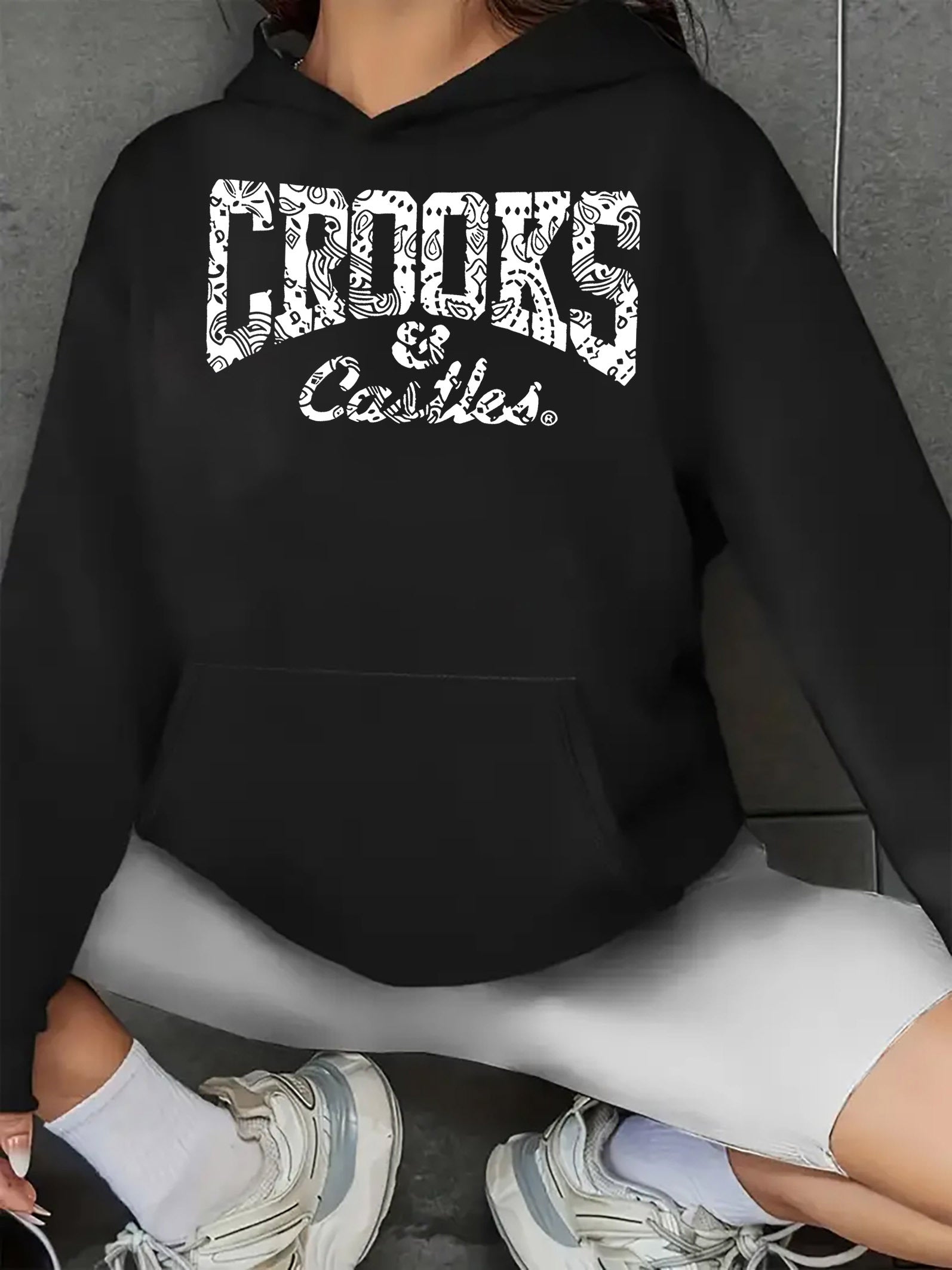 Women's Casual Sports Hoodie with Kangaroo Pocket, 100% Polyester Knit Fabric, Light Gray Heathered Texture, Bold "CROOKS & CASTLES" Letter Print, Relaxed Fit Pullover Sweatshirt for All Seasons